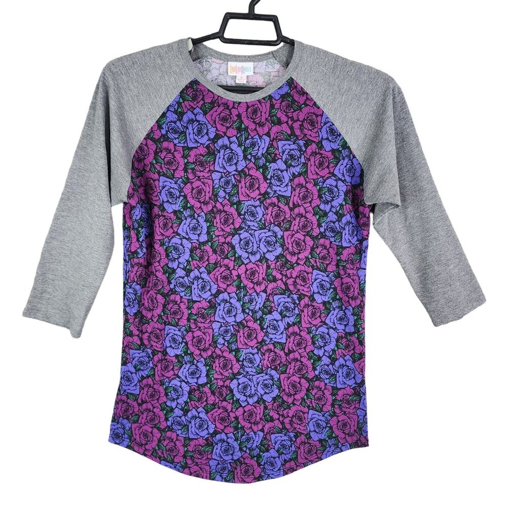 Women's LuLaRoe Purple Gray Floral Shirt Top Raglan 3/4 Sleeve Crew Neck Size S